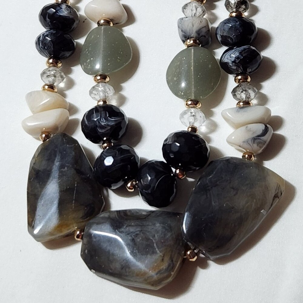 Stone necklace dual black ecru gray moss green gold tone costume NIP